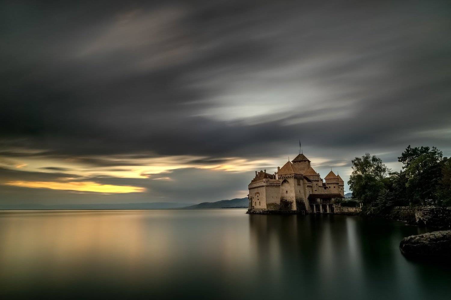 switzerland,chillon castle,long exposure,zeisss,lee filter,nikon d810,sunset,lake,genfersee,stone,tree,dramatic clouds, Felix Ostapenko
