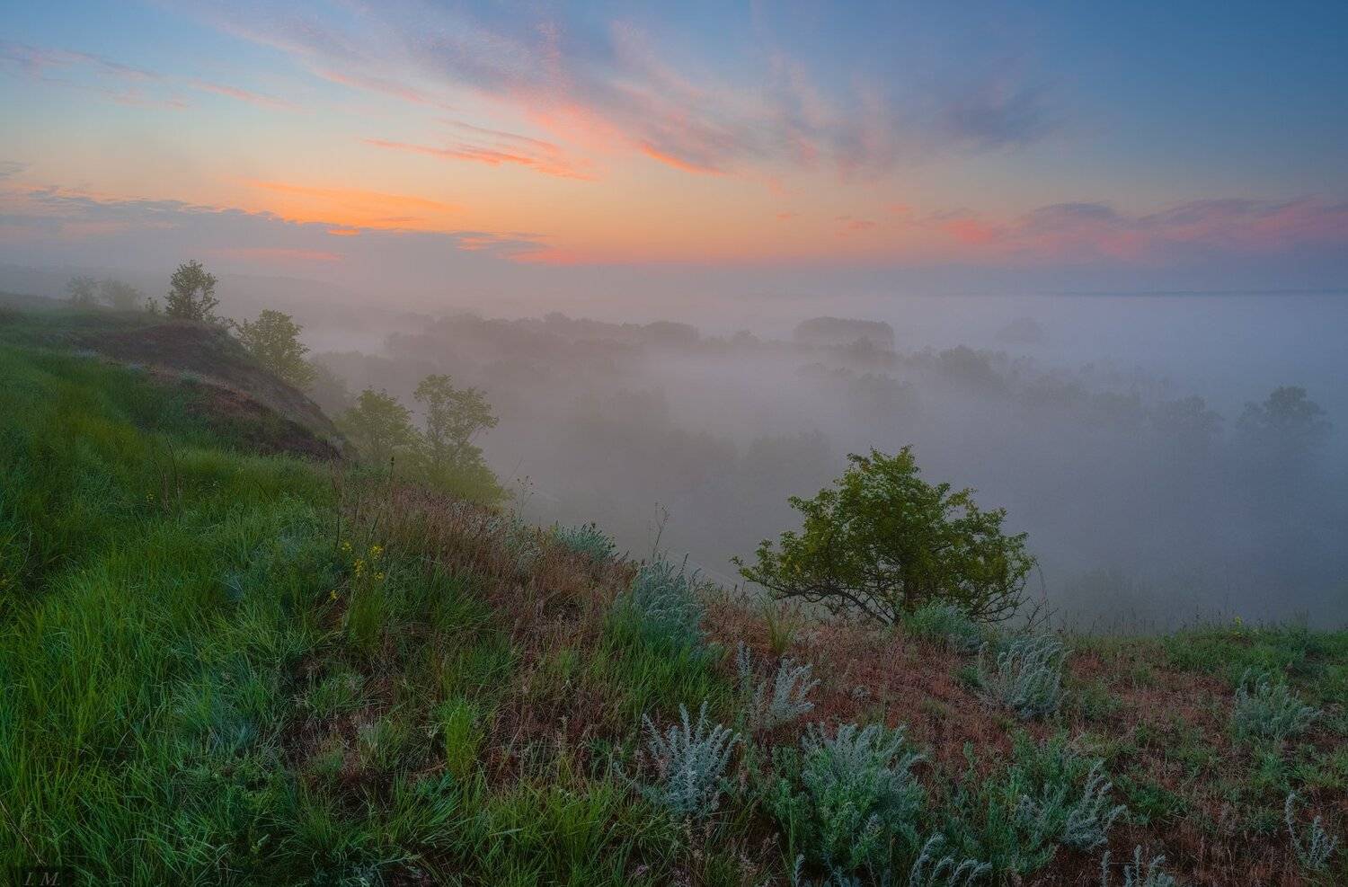 долина, краски, небо, облака, панорама, пейзаж, рассвет, свет, туман, Утро, холмы, вид сверху, Misty, colors, Valley, foggy dawn, clouds, fog, Landscape, light, morning, panorama, sky, sunrise, tree, Ivan Maljarenko