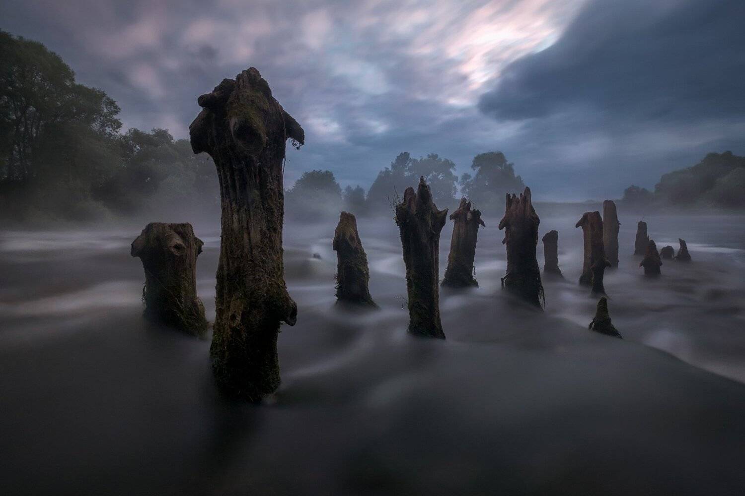 пейзаж, протва, юрятино, утро, рассвет, столбы, дамба, мельница, порог, вода, туман, longexpo, Андрей Чиж