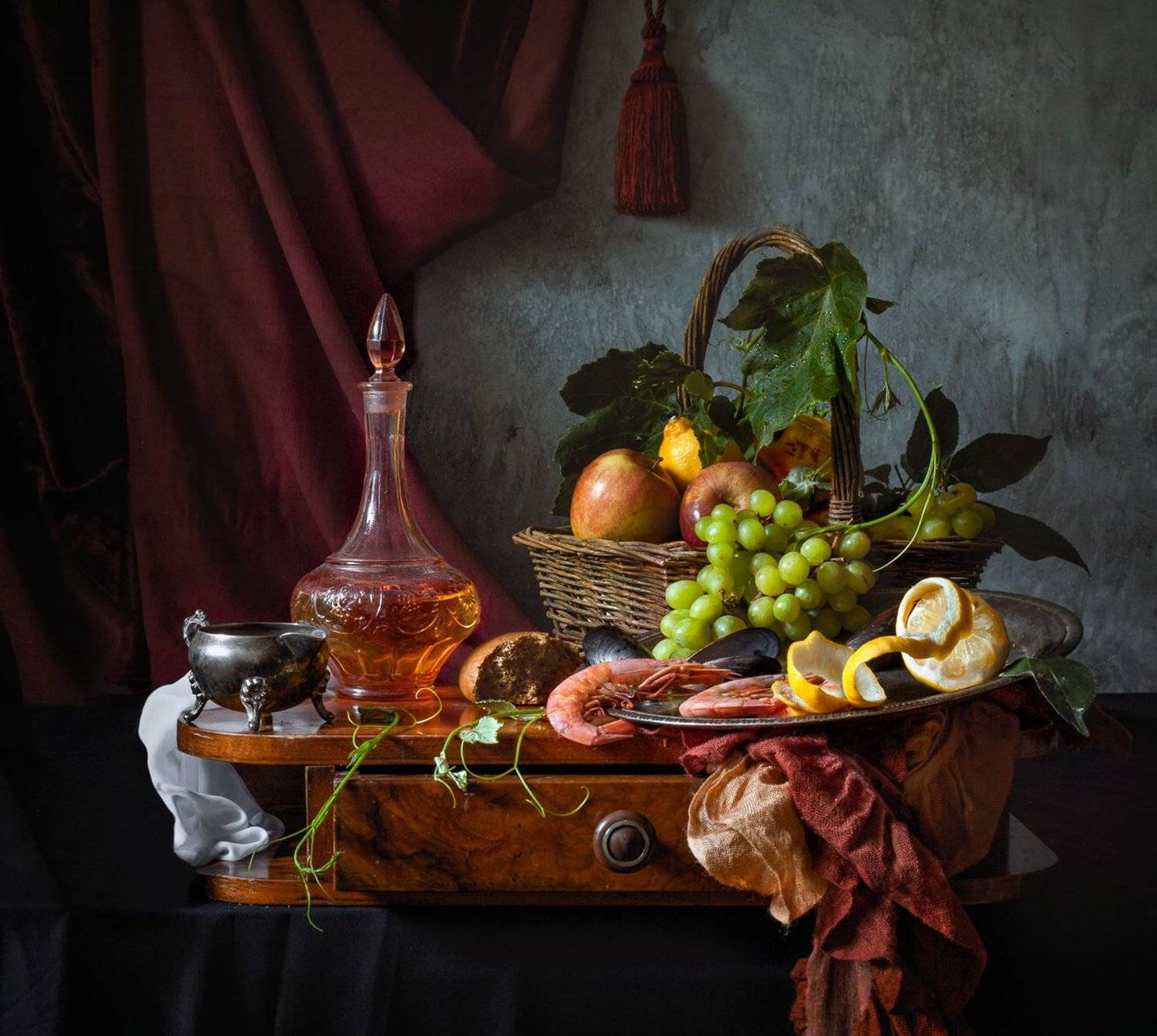 натюрморт, лангустины, креветки. виноград, фрукты, яблоки. груши, евгений корниенко, evgeny kornienko, still life, fruits, Евгений Корниенко