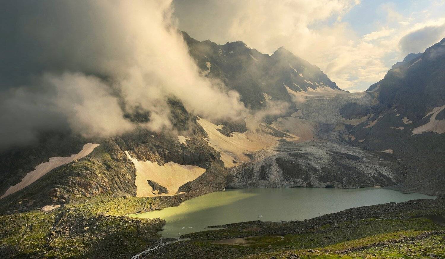 горы лето закат озеро аманауз ледник, Александр Жарников