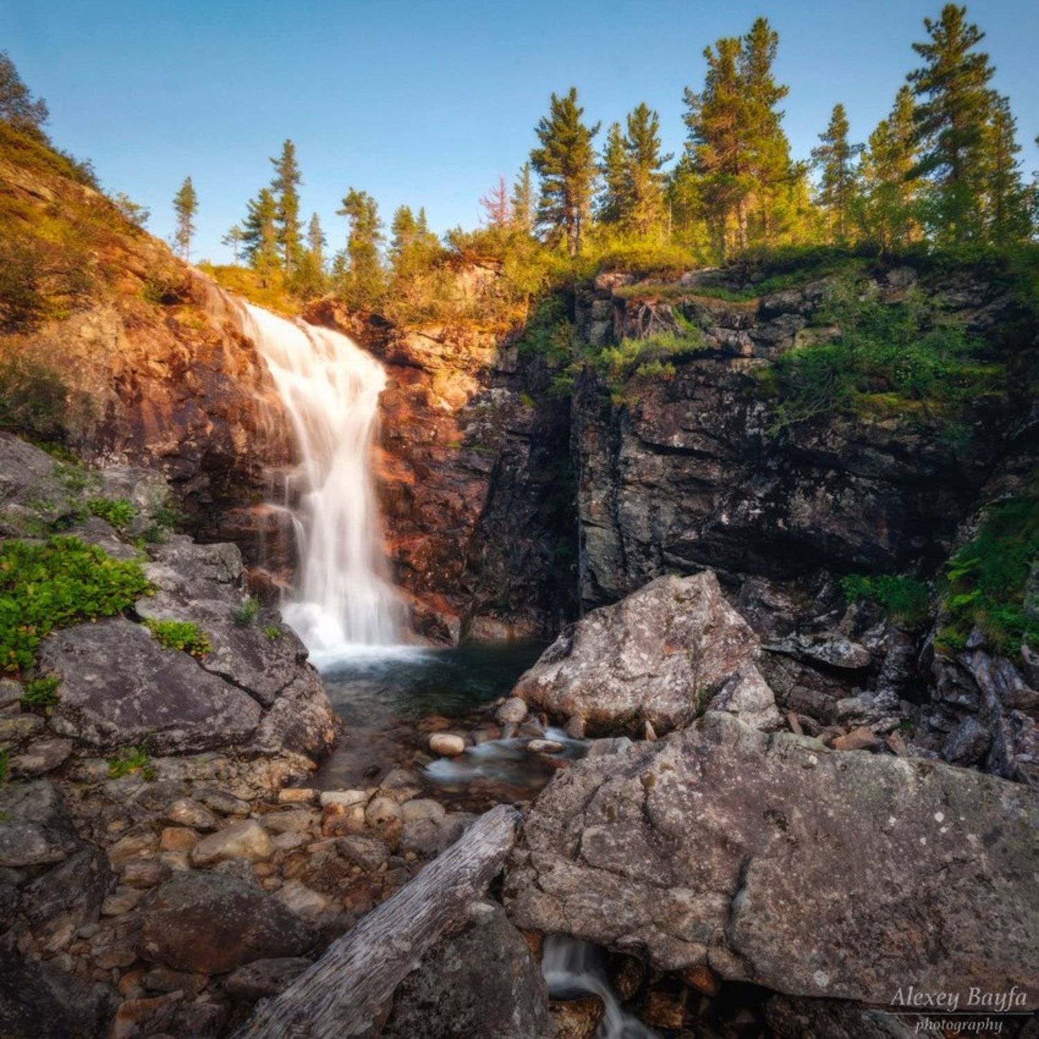 водопад, река, горы, природа, пейзаж, лес, сибирь, лето, закат, Алексей Байфа