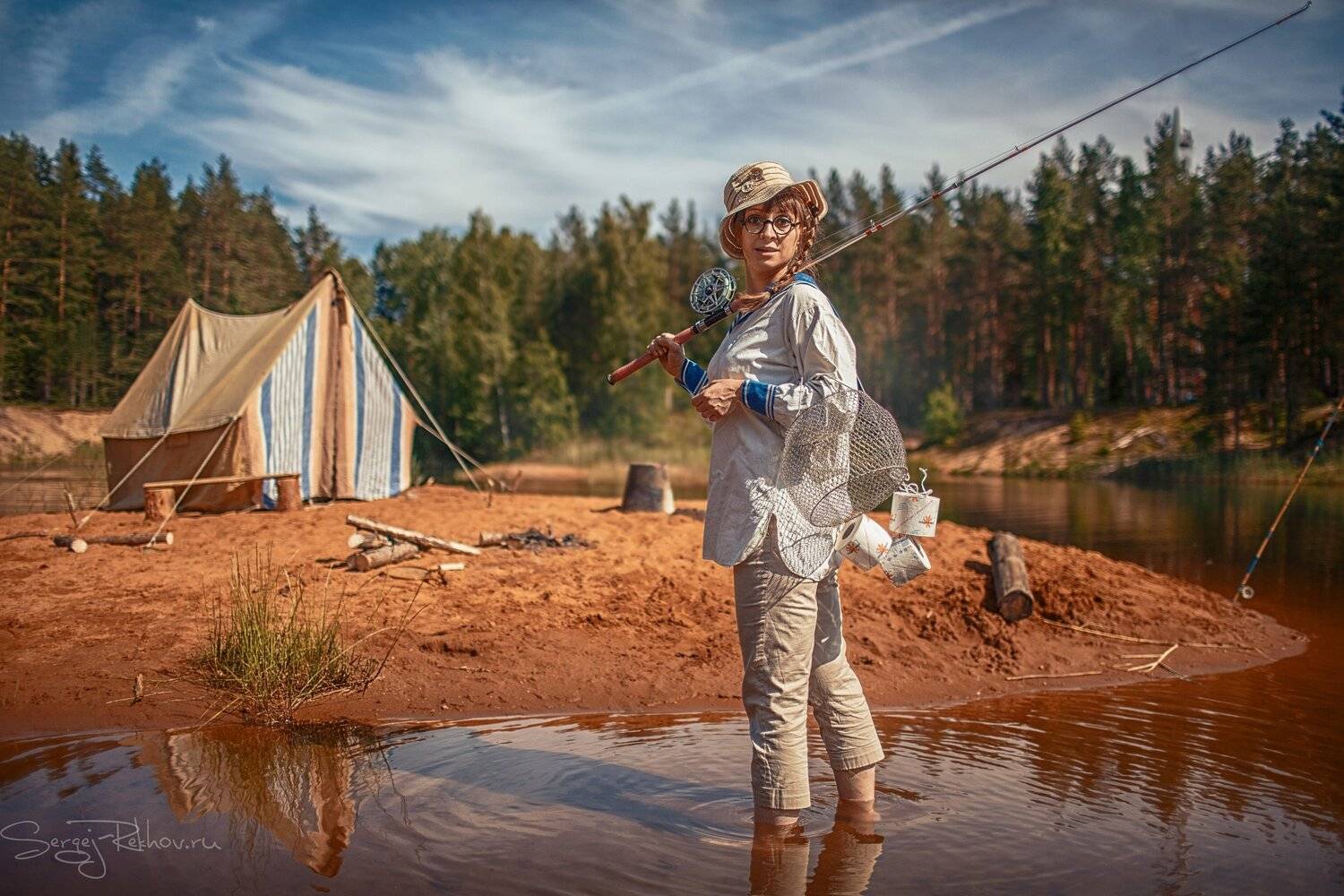 девушка, модель, рыбалка, река, вечер, Сергей Рехов