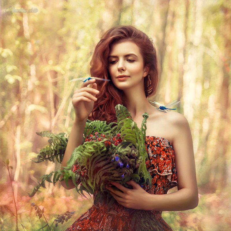 девушка, стрекозы, лето, лес, природа, портрет, girl, summer, portreit, dragonfly, magic, fairytale  фото превью