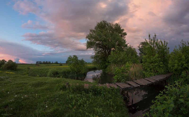 пейзаж,природа,лето,небо,закат,погода,мостик,река ... фото превью