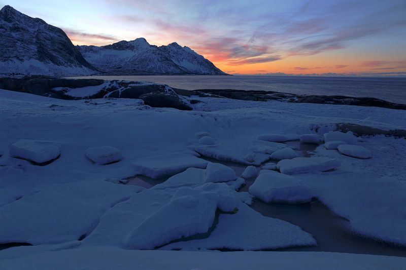 закат, берег, путешествие, норвегия, зима, landscape, norway, senja, travel На берегу зимой фото превью
