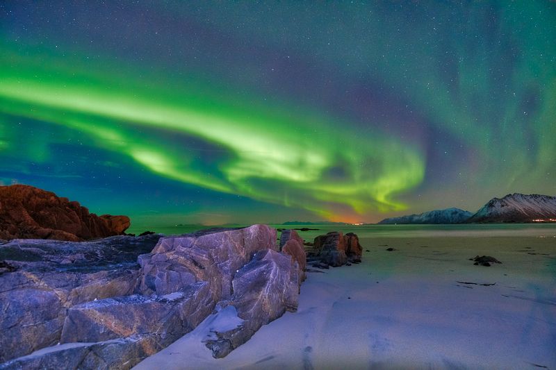 aurora, sea, rocks, green, Aurora in the night фото превью