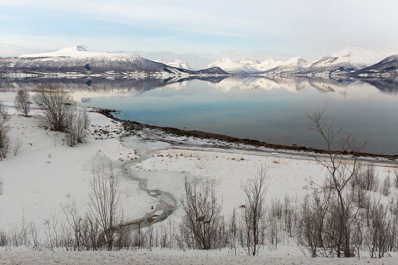 лофотены, норвегия , отражения в воде, ледяные кочки ,зимние лофотены,снежные горы, Лофотены фото превью