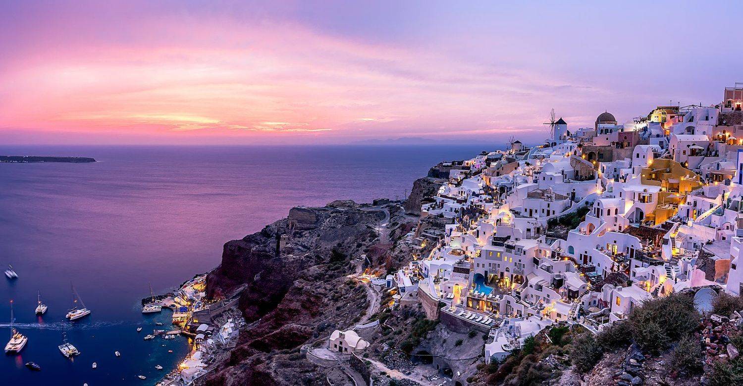 sunset, horizon, coastline, horizon over water, dramatic sky, waterfront, dusk, sky, cloud, seascape, santorini island, greece island, purple, architecture, cyclades_islands, travel destinations, Виктор Голобородько