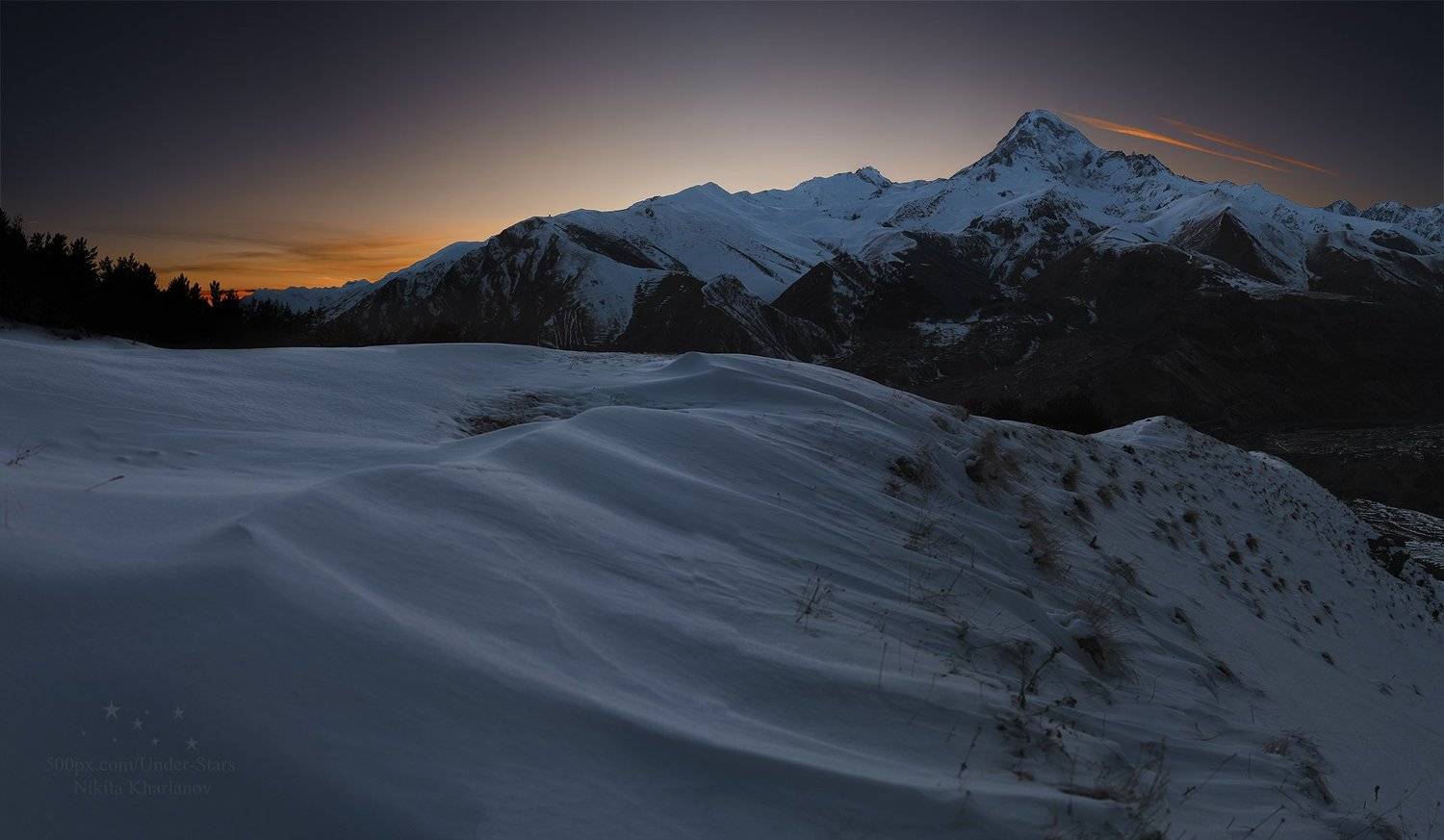 Казбек, Казбеги, Кавказ, Грузия, зима, горы, закат, Харланов Никита