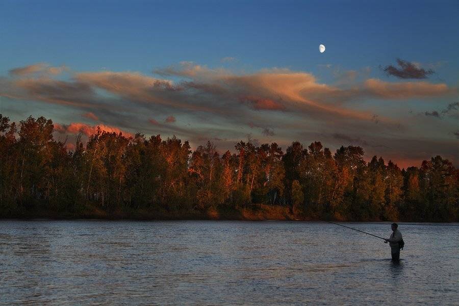 река, вечер, луна, рыбалка, Николай Морский