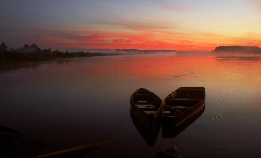 туман, лодки, река, деревня, утро, Николай Морский