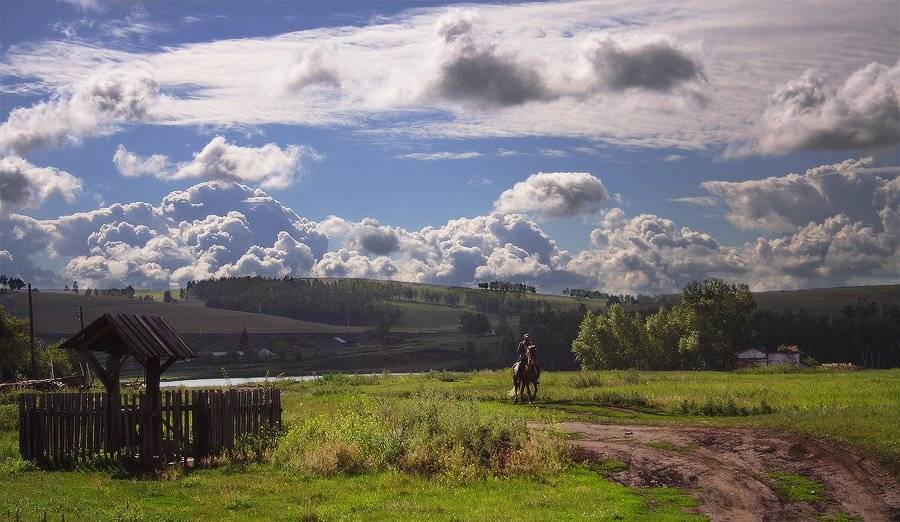 полдень, деревня, лошадь, облака, Николай Морский