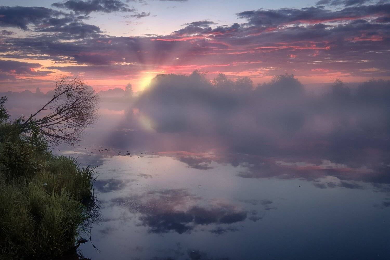 пейзаж, дубна, река, туман, солнце, рассвет, отражения, небо, Андрей Чиж
