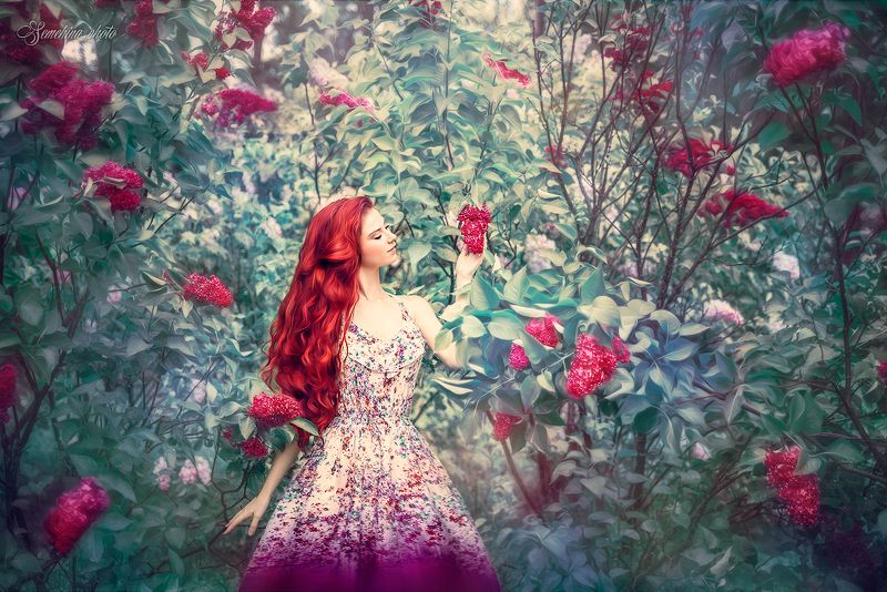 девушка, портрет, лето, цветы, сирень, girl, red, summer, flower, flowers, portreit  фото превью