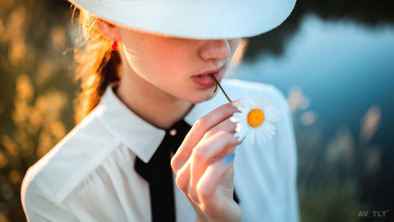 портрет , ромашка, полевые цветы, шляпа, девушка,  Настя фото превью