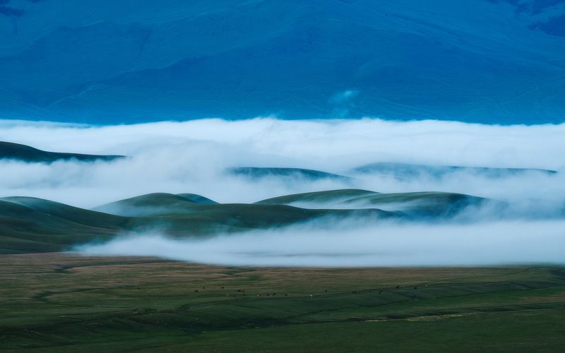 киргизия, кыргызстан, азия, горы, луг, скалы, пейзаж, лето, ущелье, джайлоо, пастбище, юрта, кочевник, туман, утро, рассвет Туманное утро фото превью