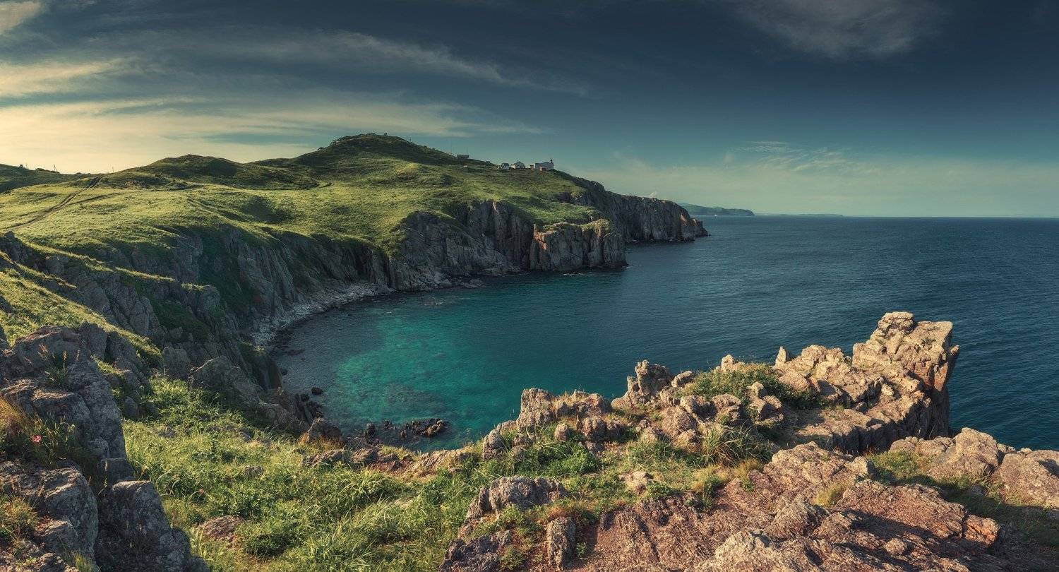 панорама, море, вечер, лето, скалы, маяк, Андрей Кровлин