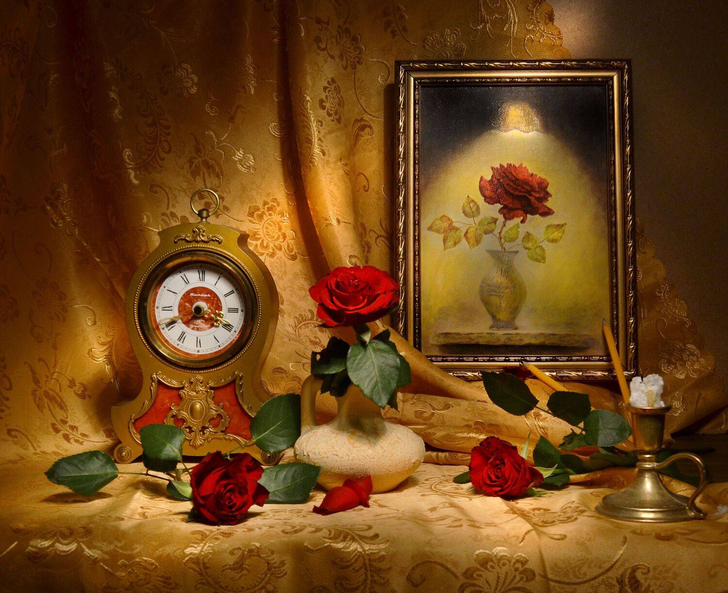 still life, натюрморт,часы, цветы, холост, фото натюрморт, розы, подсвечник, масло, лето, картина, июль, Колова Валентина