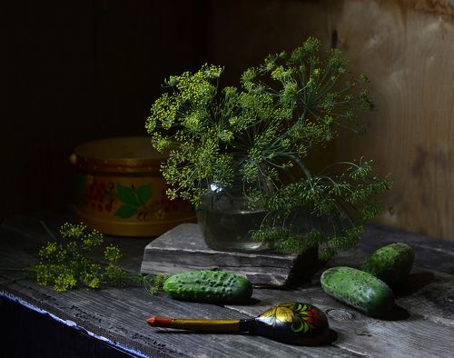 Укроп, огурцы и крашеная ложка.