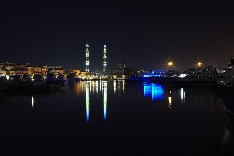night, marina, mosque Ночной порт фото превью