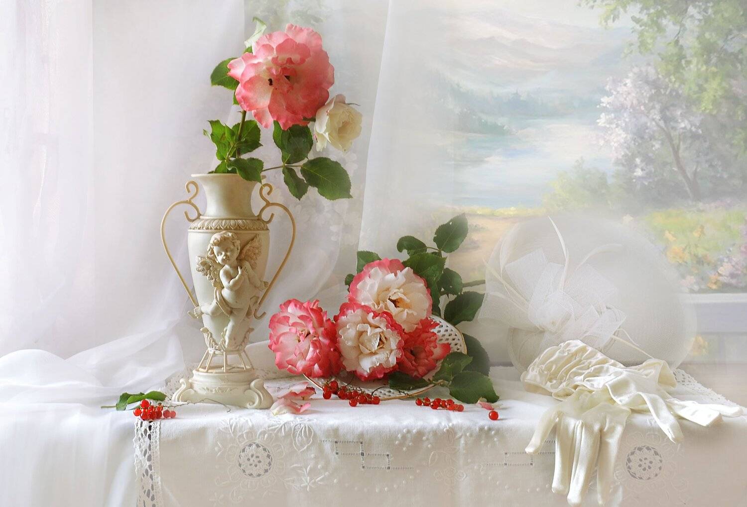 still life,натюрморт, лето, розы, цветы, фото натюрморт,  июль, шляпка, перчатки, фарфор, Колова Валентина