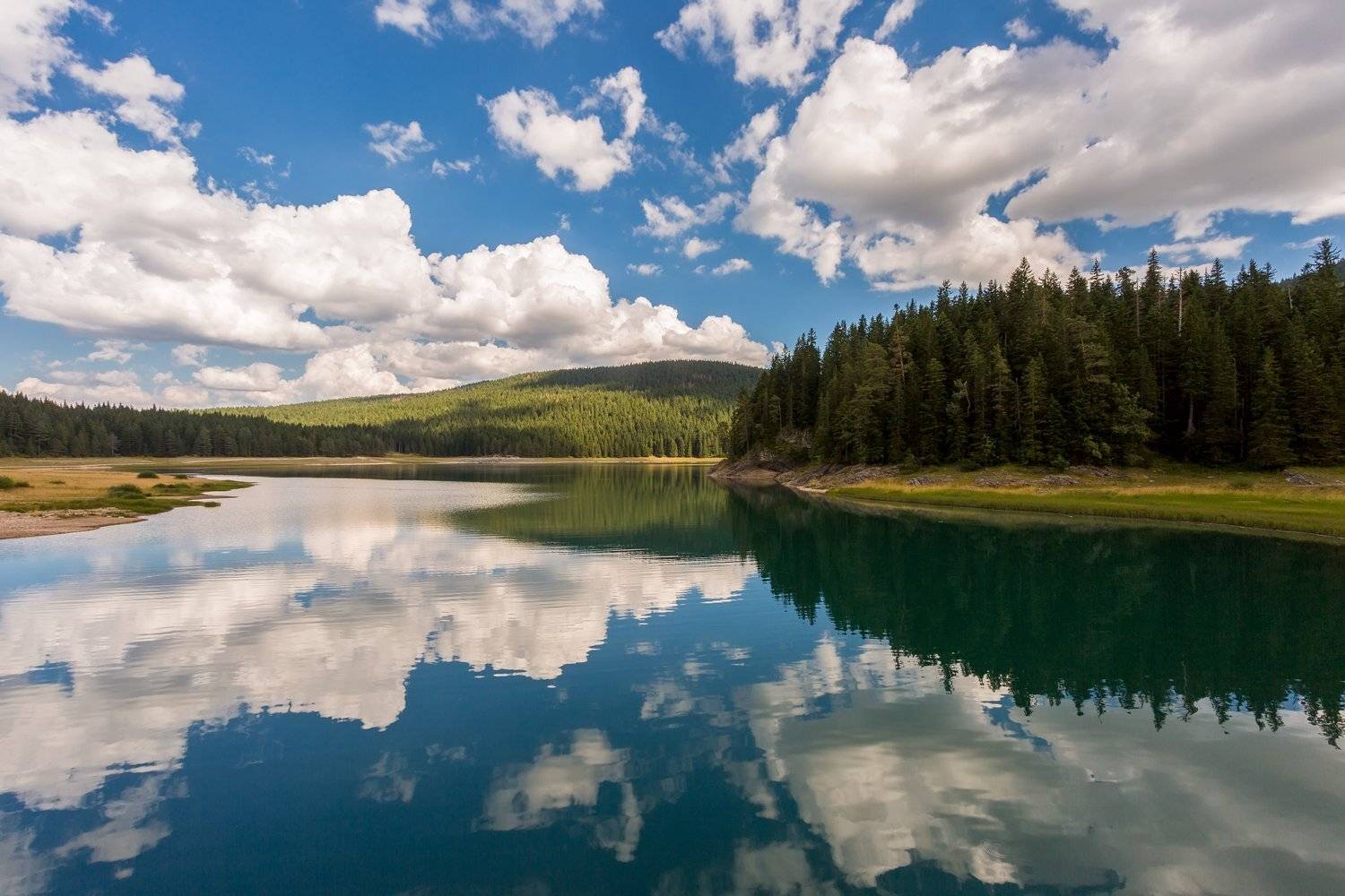 озеро, облака, отражение, небо, вода, лес, голубой, зеленый, Черногория, Дурмитор, Черное озеро, Денис Свечников