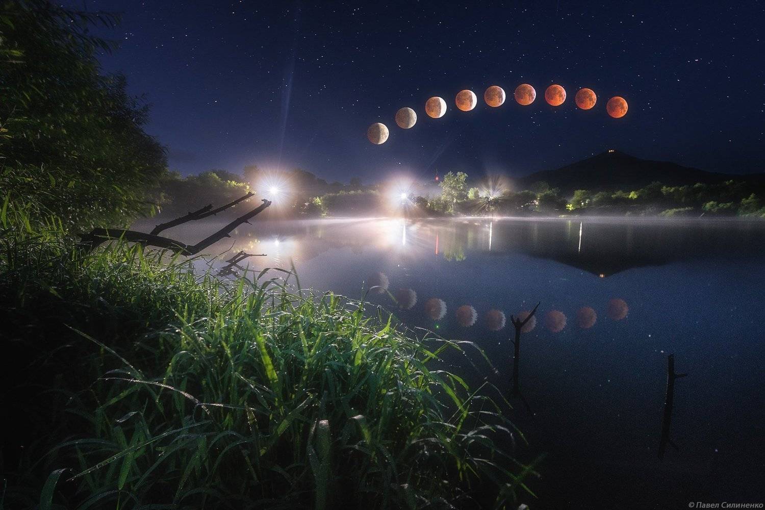 ночь, пейзаж, луна, вода, пруд, затмение, Павел Силиненко