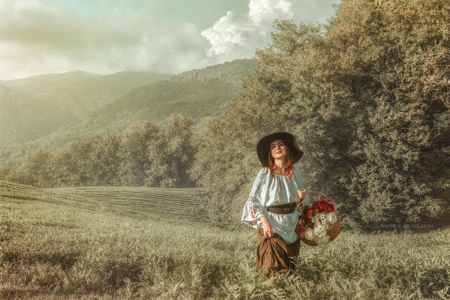 девушка поле чайные плантации платье цветы корзина природа русь, Андрей Володин