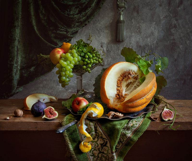 натюрморт, натюрморт с дыней, дыня, still life, stilleven, melon, still life with melon, evgeny kornienko, евгений корниенко, орехи Натюрморт с дыней и инжиром фото превью