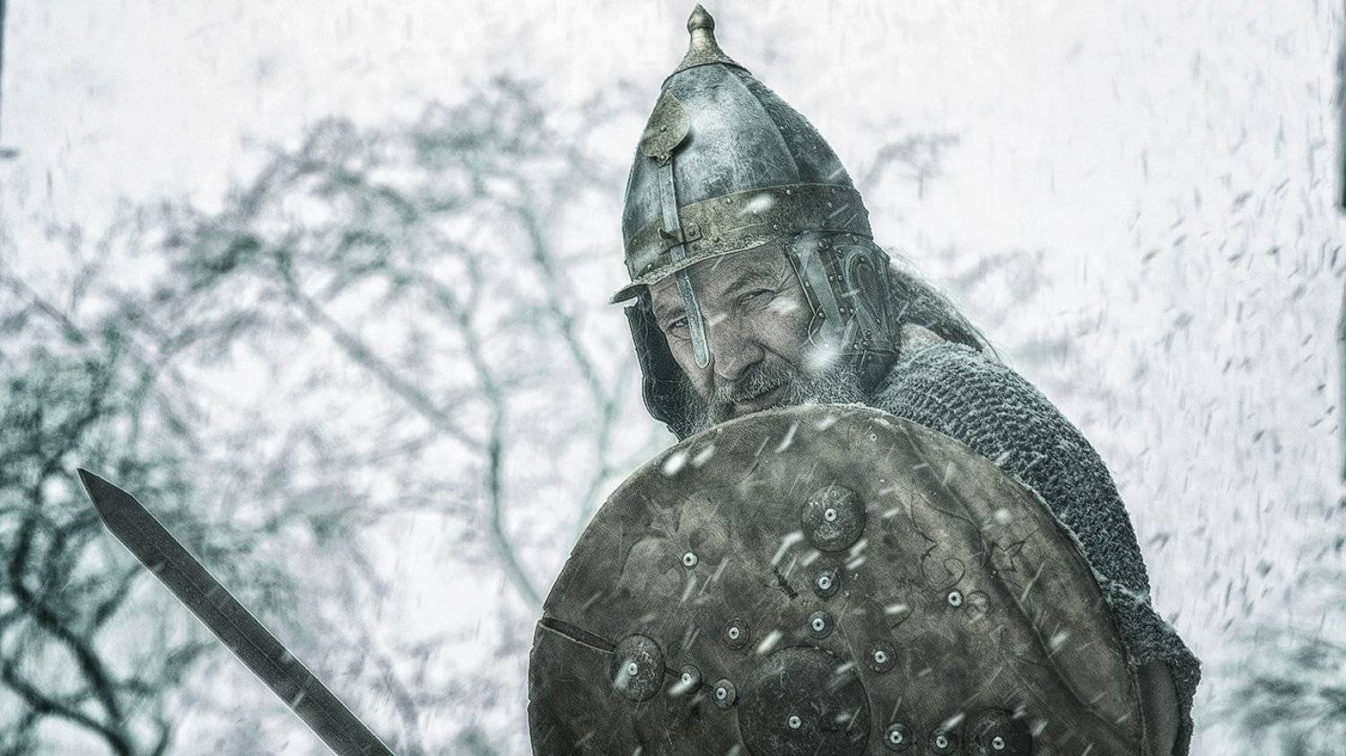 богатырь, русский, русич, меч, шлем, щит, бой, снег, Дарья Комарова