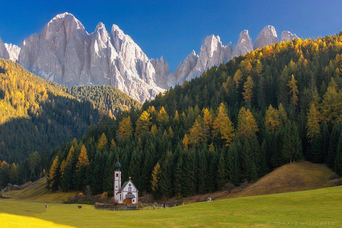 italy, italia, mountains, dolomiti, dolomities, autumn, church, sunrise, sunset, colours, light, ranui, santa magdalena, beautiful, Tomasz Wieczorek