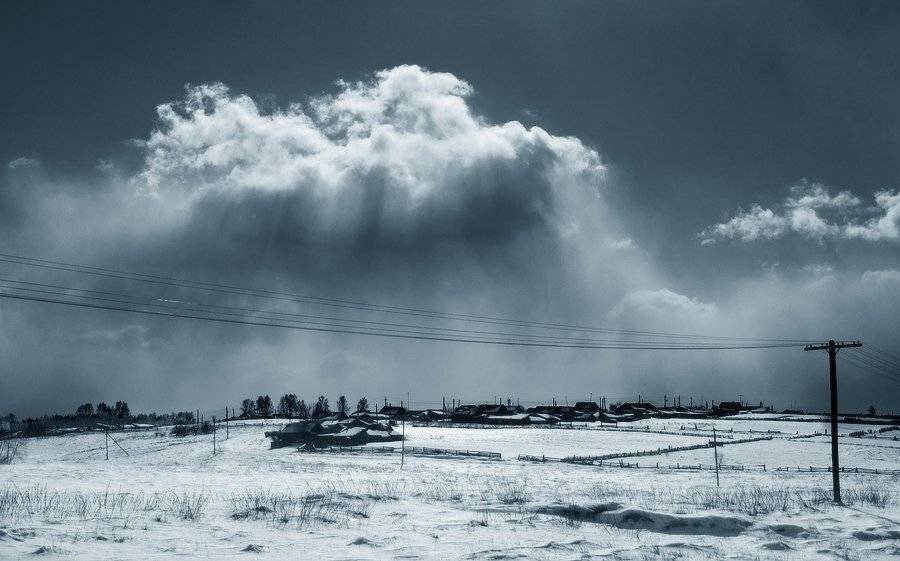 зима, деревня, облака, Николай Морский