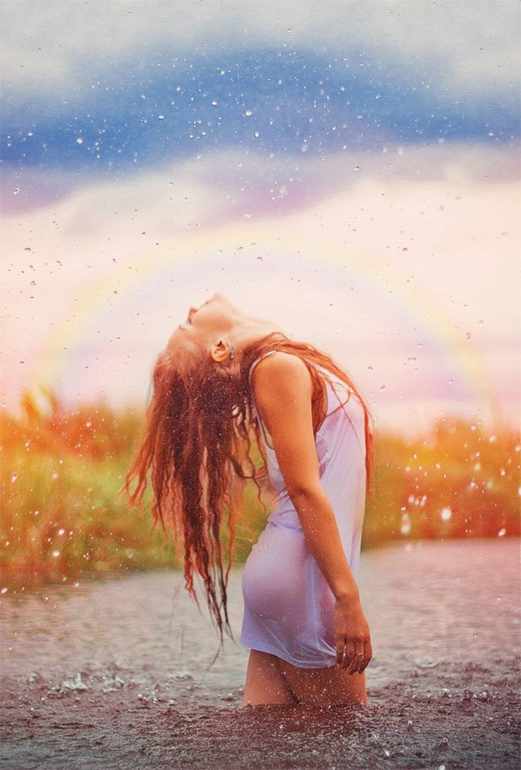 радуга, дождь, капли, девушка, лера, портрет, речка, вода, озеро, камыши, солнце, Никита