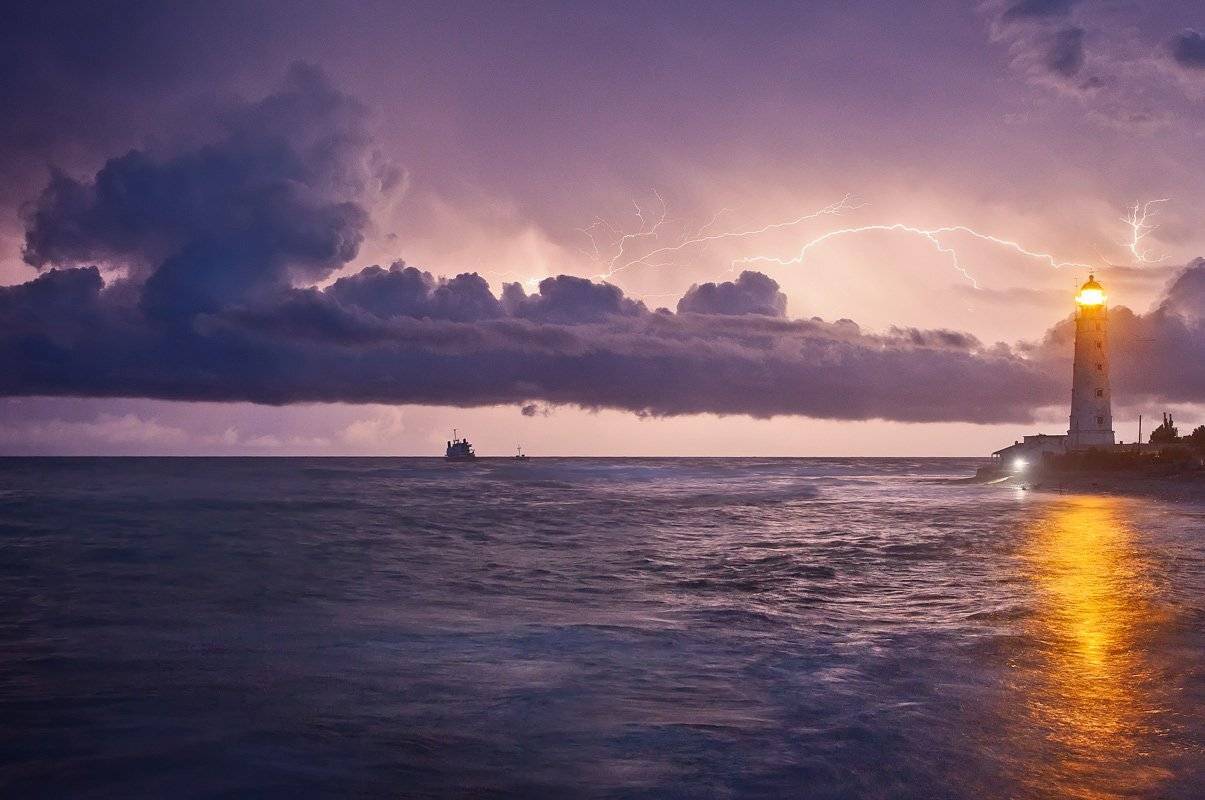 облака, молния, море, маяк, Александр