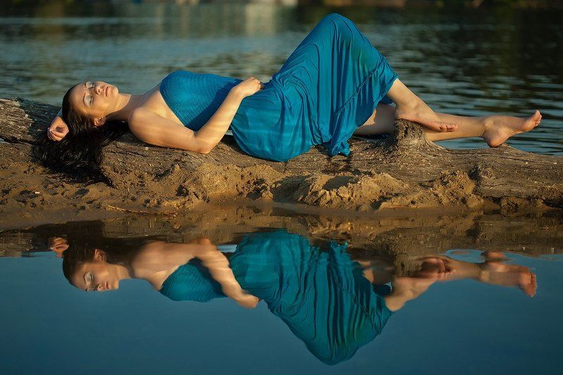 пейзаж, природа, река, модель, девушка  фото превью