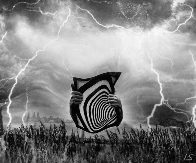 спираль, молния, тучи, руки  фото превью
