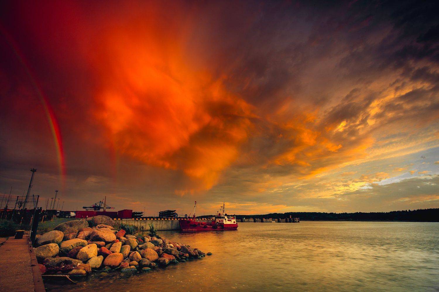 landscape, port, sunset, colors, rain, rainbow, boat, klaipeda, Руслан Болгов (Axe)