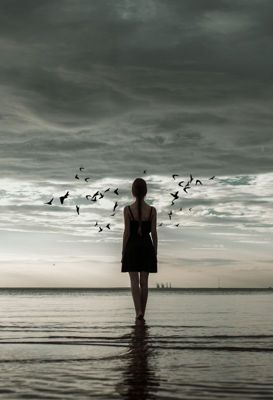 portrai, art, sea, beach, birds, nature, beauty, портрет, природа, девушка, пода, пляж, арт Breathe фото превью