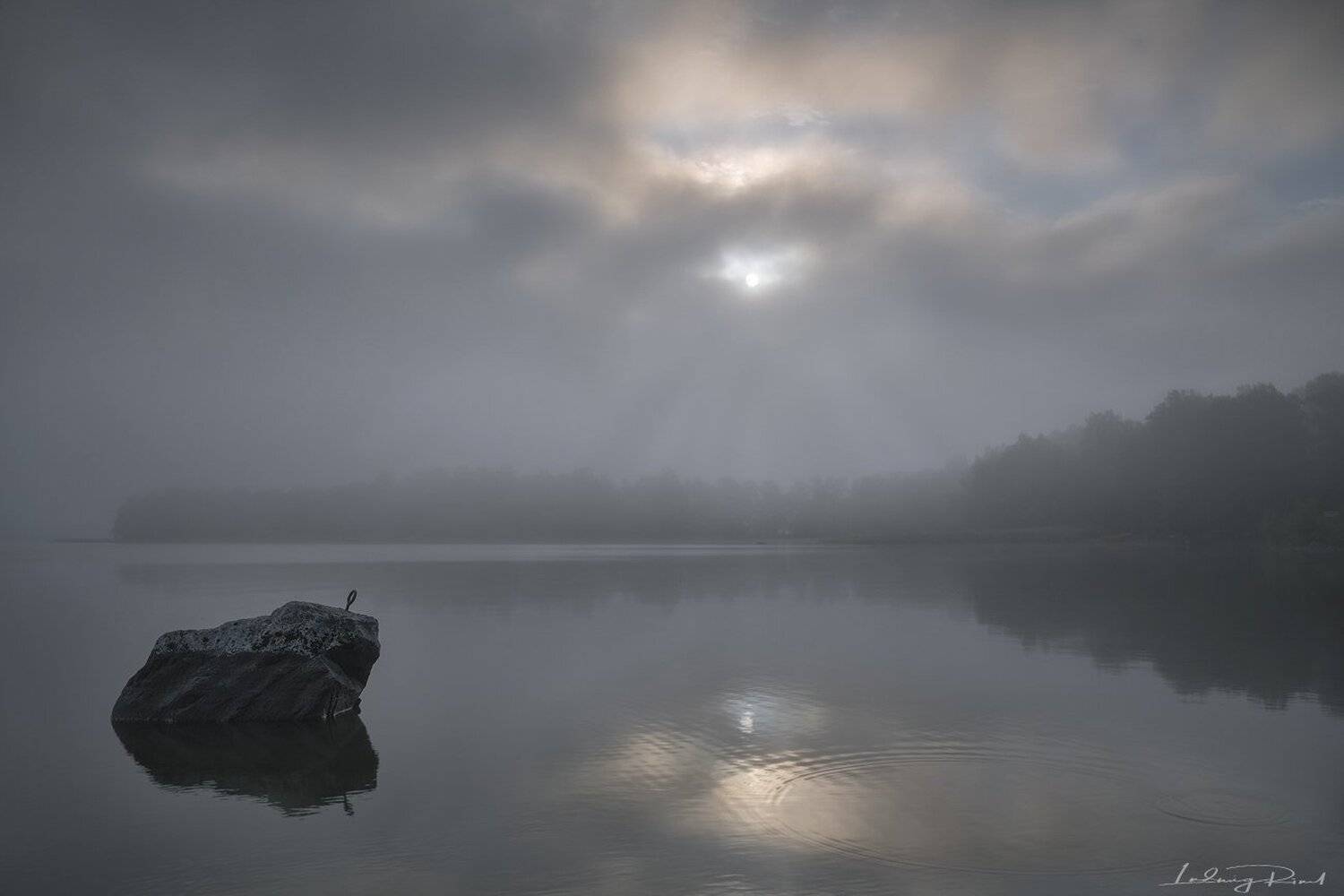anchor, breakthrough, calmness, clearing, clouds, clouy, fog, foggy, forest, hj&auml;lmaren, iron ring, mist, misty, morning, nature, no people, outdoors, reflection, rock, serenity, stillness, sunrays, sunrise, trees, vapor, water, Ludwig Riml