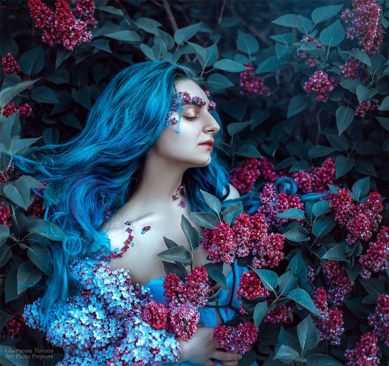 сирень, портет, цветы, голубые волосы Anna фото превью