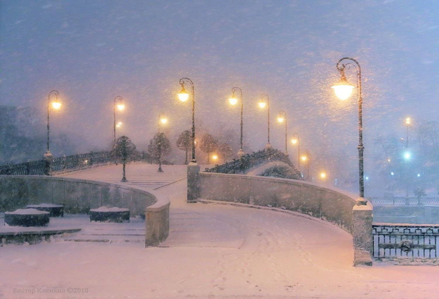 москва, вечер, зима, снегопад, мост, Виктор Климкин