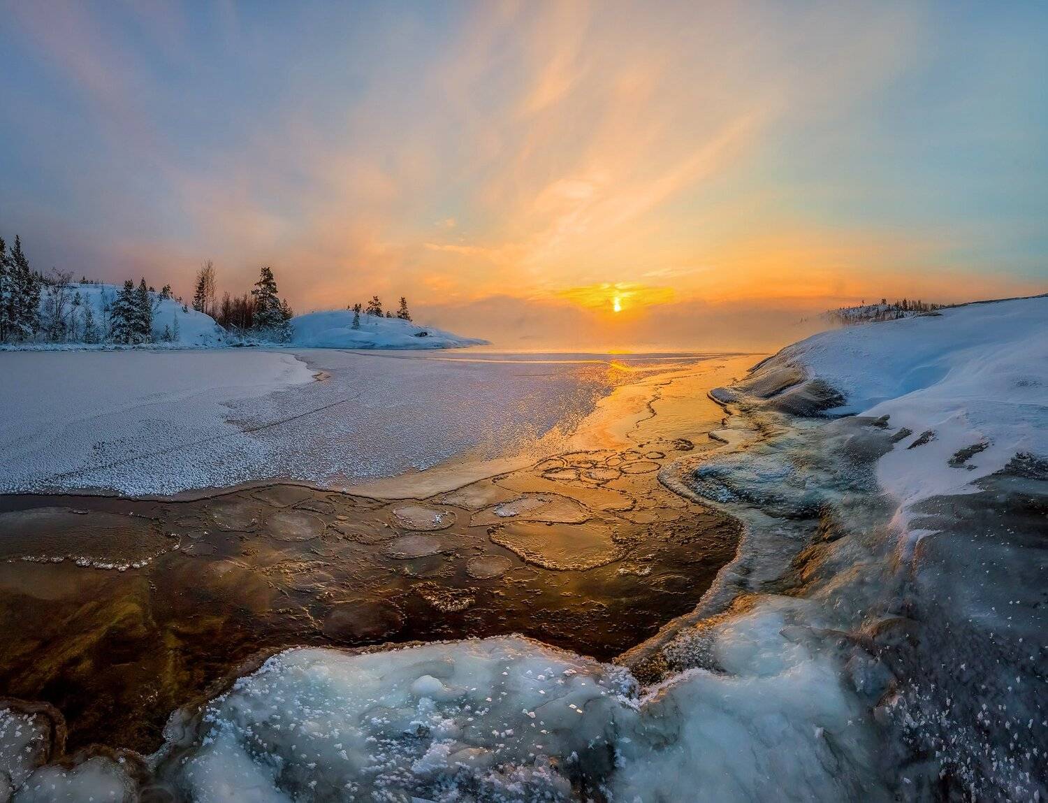 ладожское озеро, карелия, шхеры, природа, скалы, вода, сосны, остров, зима, рассвет, лёд, снег, солнце, туман, отражение., Лашков Фёдор