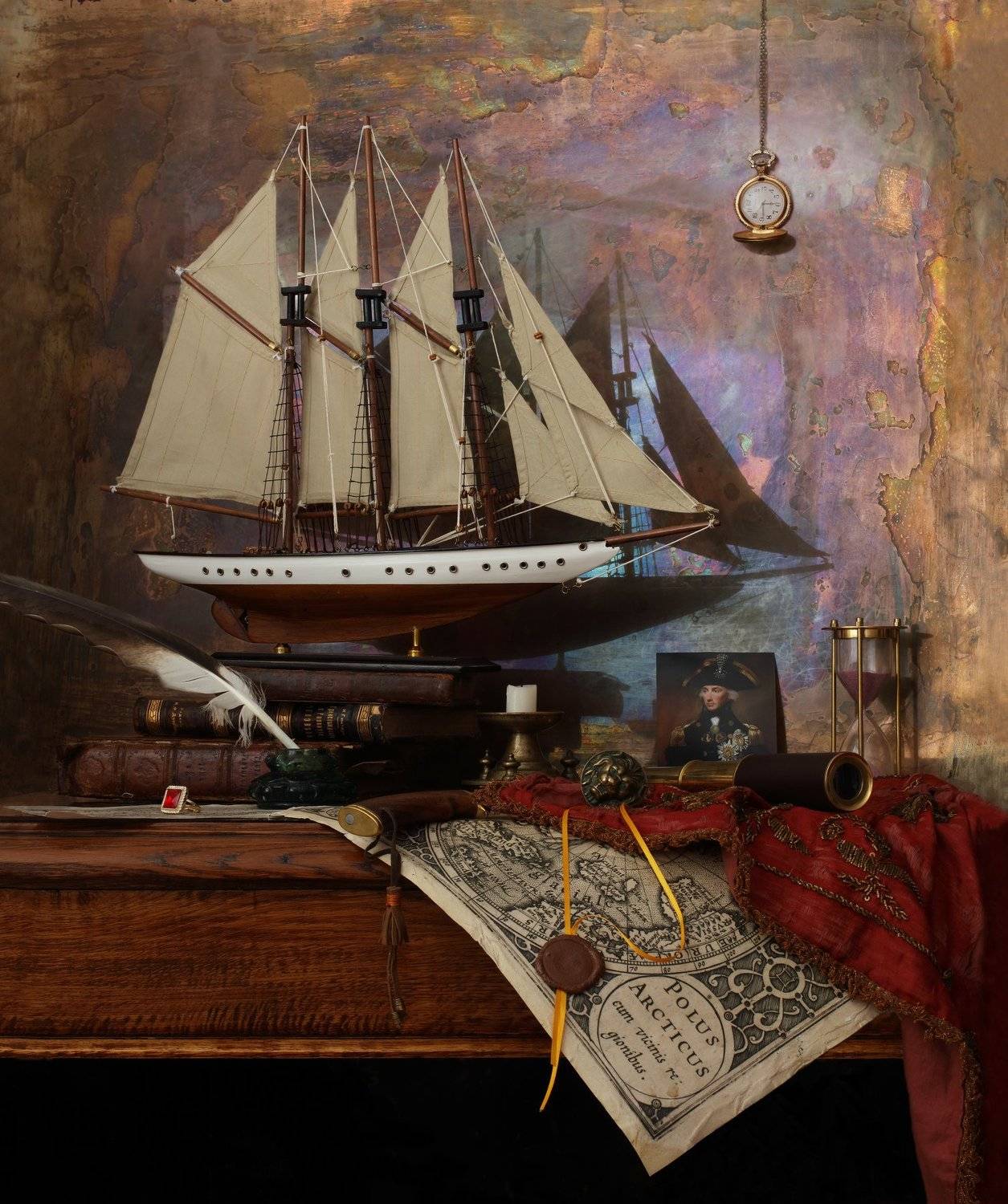 корабль, парус, книги, портрет, часы, адмирал, Нельсон, Андрей Морозов