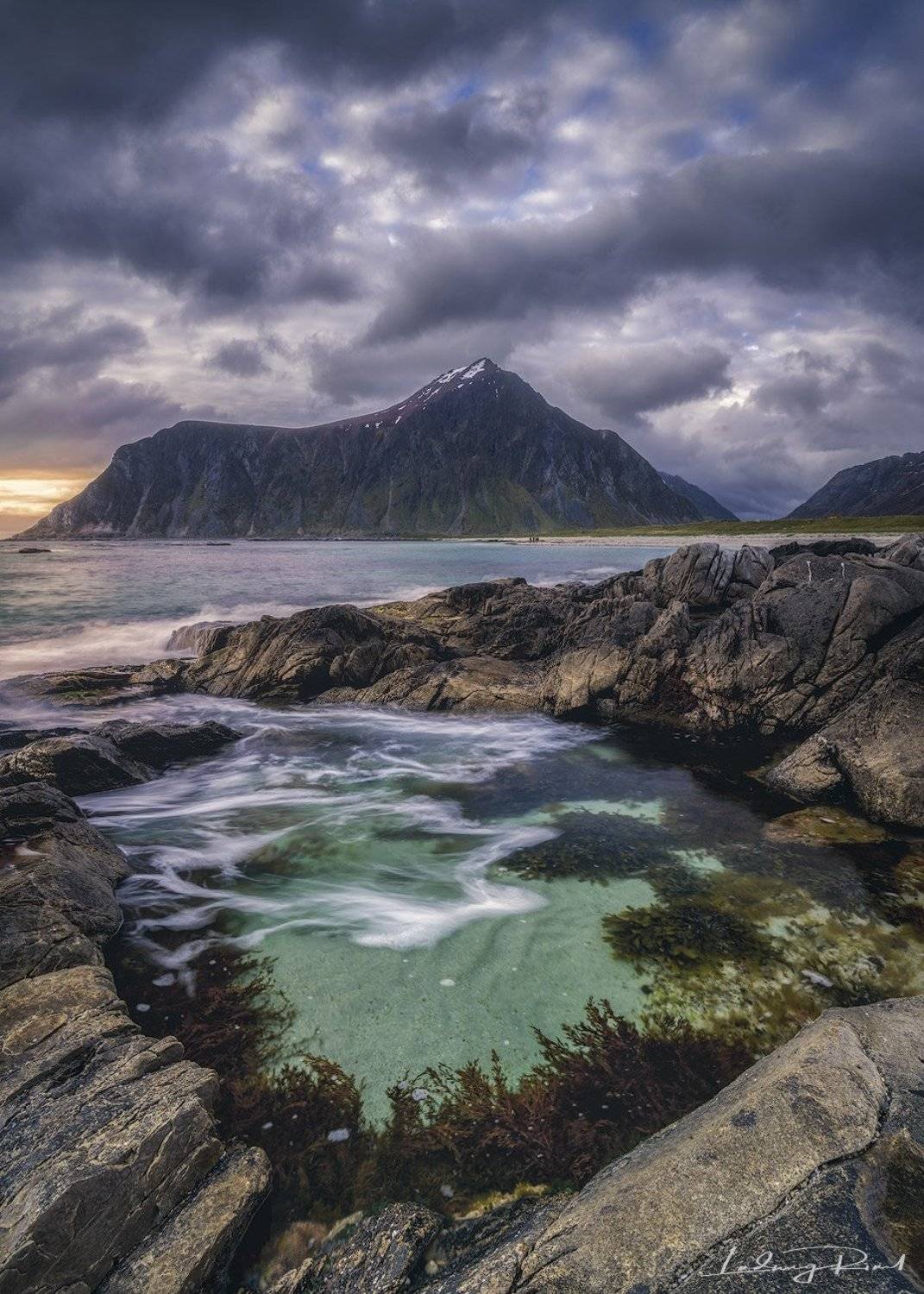 algae, basin, beach, blue, cliff, dawn, dusk, green, landscape, lofoten, lofoten islands, long time exposure, mountain, nopeople, norway, outdoors, rock, scandinavia, sea, sea weed, seashore, shore, skagsanden, sky, snow, sun set, tidal pool, warterbasin,, Ludwig Riml