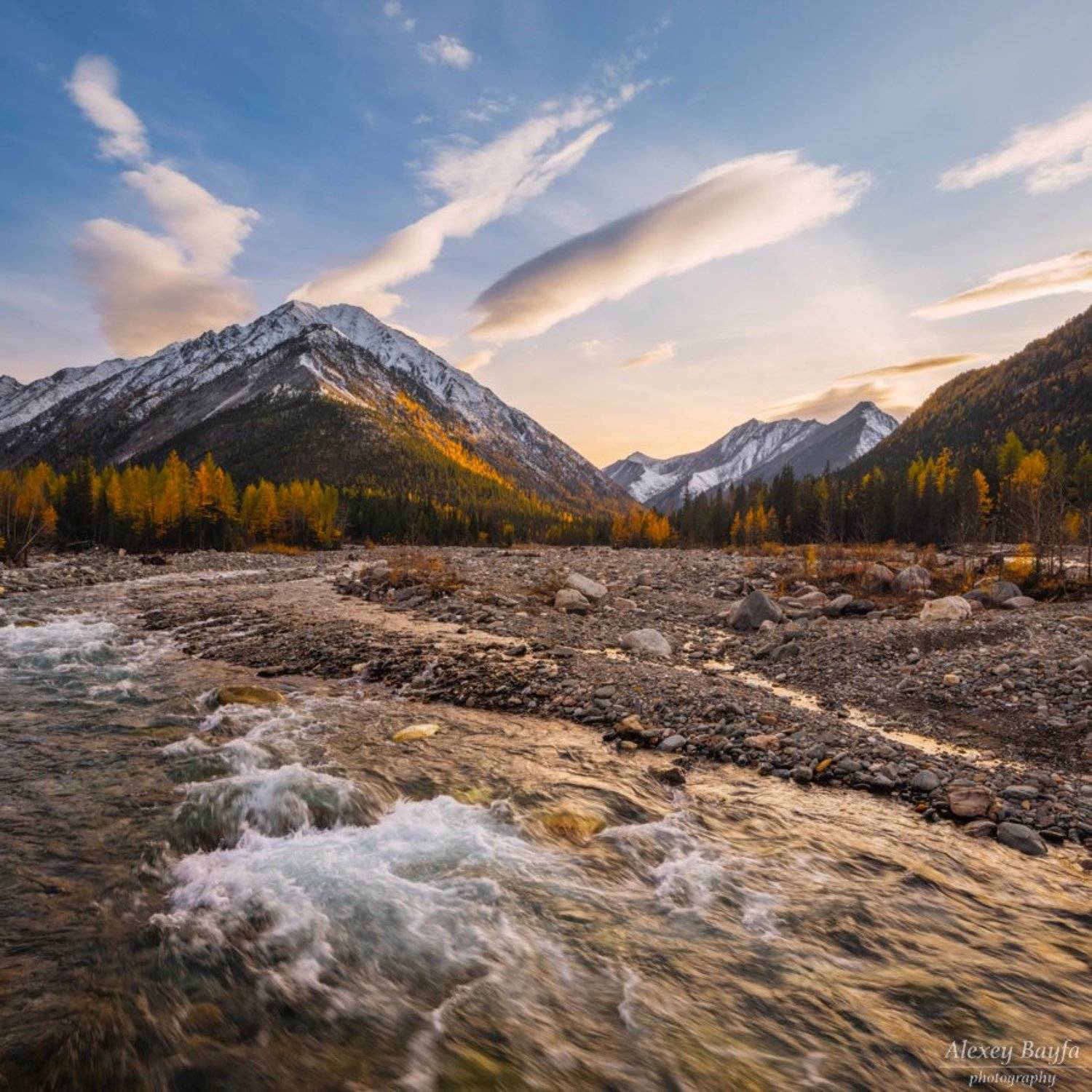 природа, пейзаж, река, течение, горы, закат, облака,, Алексей Байфа