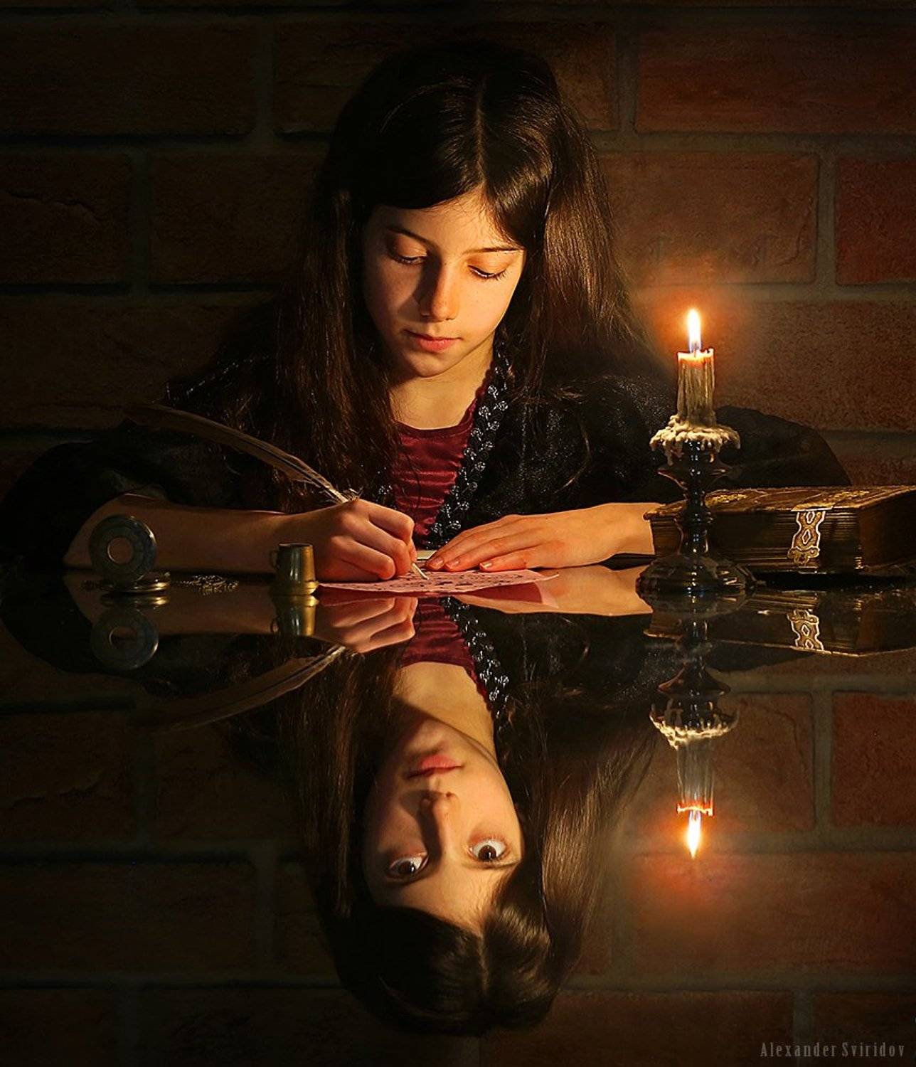 Girl writing letter reflection fantasy, Alexander Sviridov