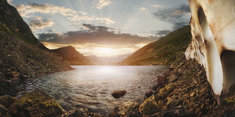 архыз, семицветное, озеро, ледник, закат, карачаево-черкесия, горы Архыз. Семицветное озеро фото превью