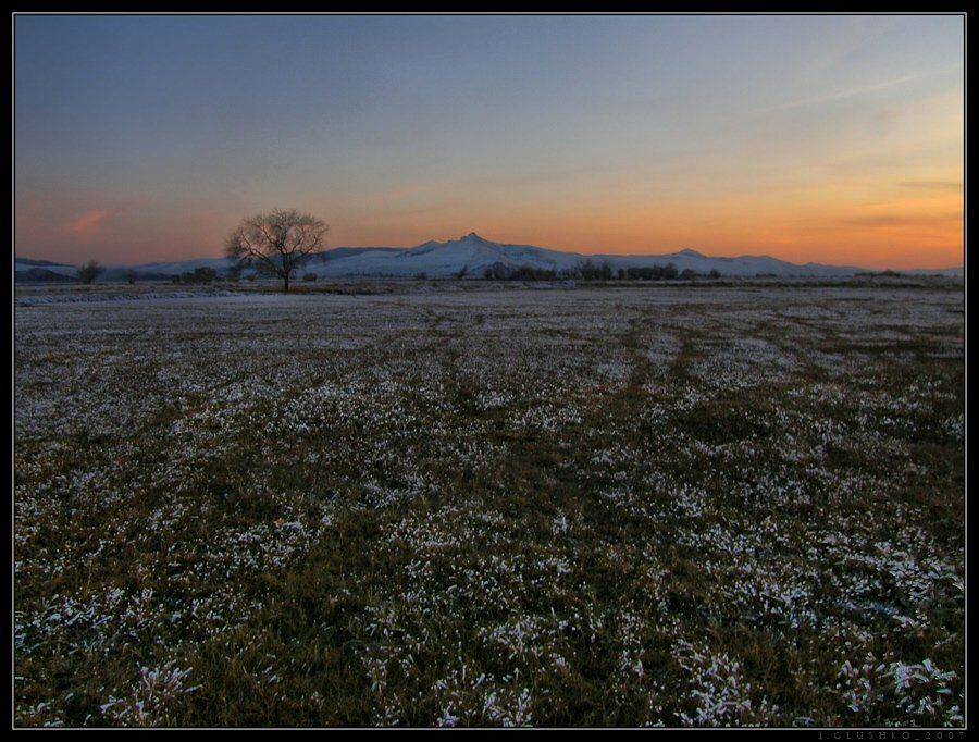 осень, зима, закат, поле, цветы, горы, Игорь Глушко