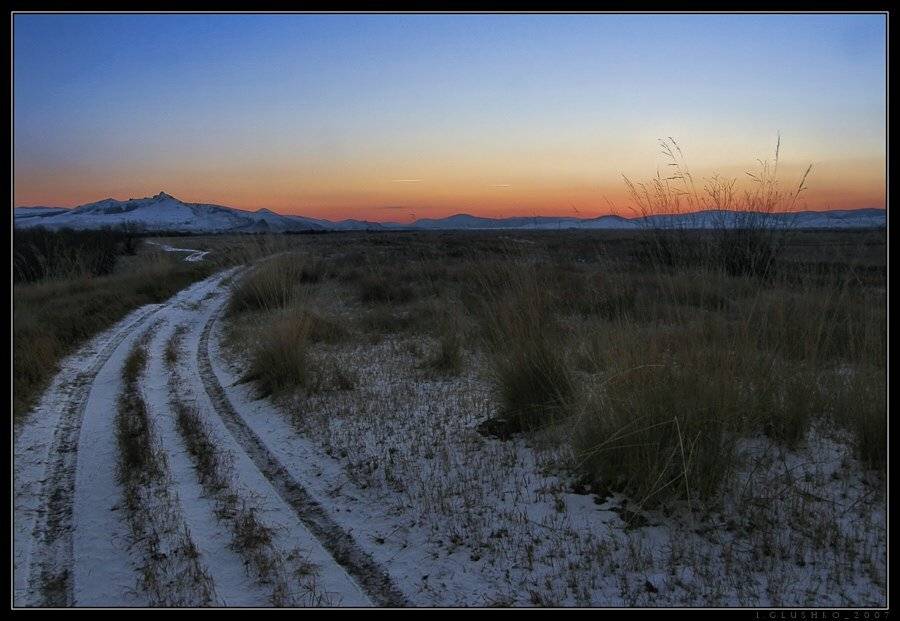 дорога, вечер, зима, степь, бурятия, Игорь Глушко